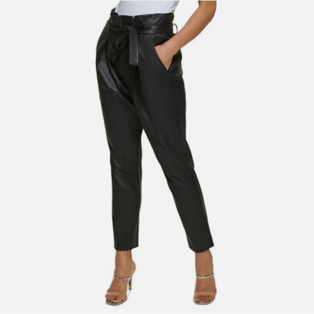 NWT DKNY Black Faux Leather High Waisted Tie Belt Tapered Ankle Pants Size 2 - Picture 7 of 11